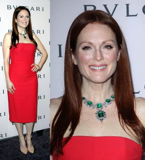 Actress Julianne Moore in BVLGARI attends the BVLGARI celebration of Elizabeth Taylor's collection of BVLGARI jewelry