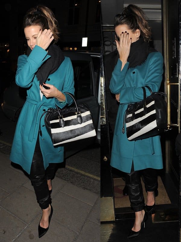 Kate Beckinsale carries a zebra-striped Burberry bag and rocks J Brand Blair leather pants