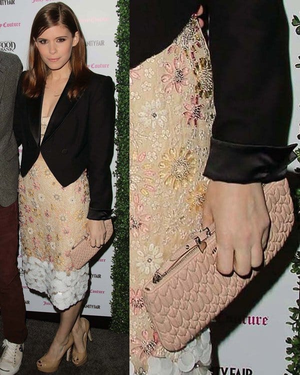 Kate Mara donned a floral appliqué skirt and brocade bralette from the Peter Som Spring 2013 collection at the Vanity Fair and Juicy Couture Celebration