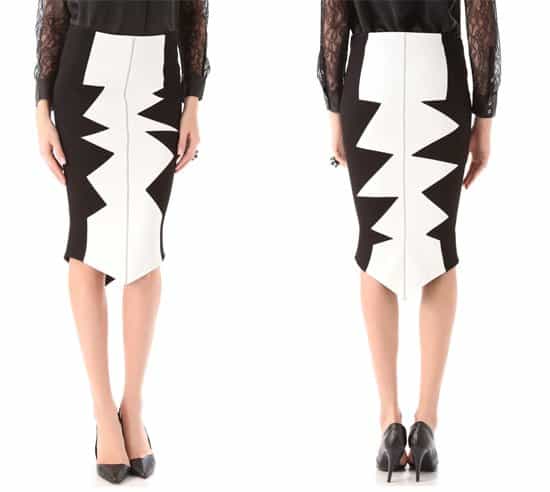 The eye-catching Kelly Wearstler Shark’s Tooth Organto skirt showcases a unique zig-zag pattern and v-shaped hem, adding a playful twist to the classic pencil skirt design