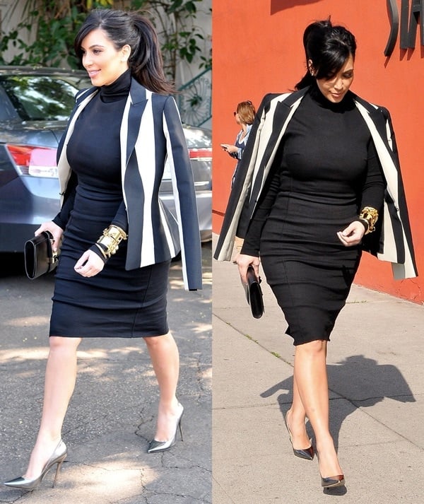 Kim Kardashian flaunts her legs in Jimmy Choo Anouk metallic leather pumps in Los Angeles