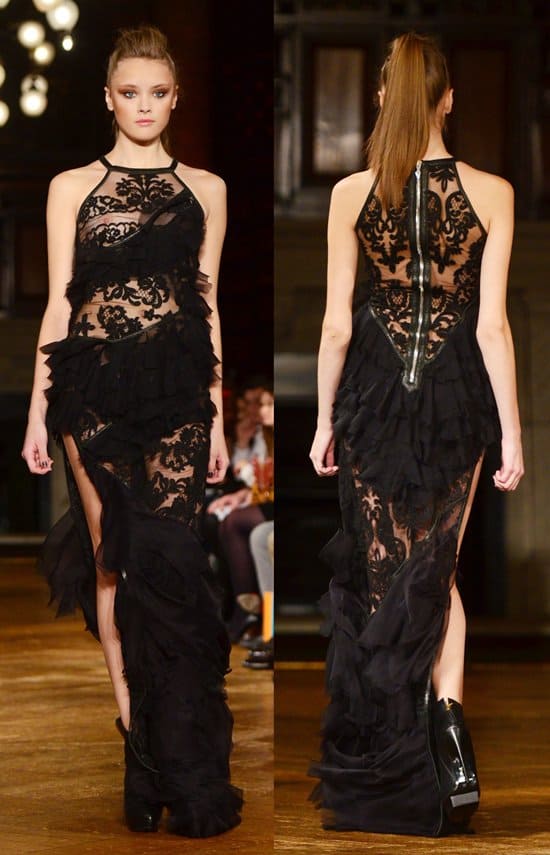 A Symphony in Lace and Ruffles: The Autumn/Winter 2013 lineup from Kristian Aadnevik commands attention with its dominant themes of ruffled elegance, lace intricacy, and timeless black dresses, defining the season's aesthetic at London Fashion Week