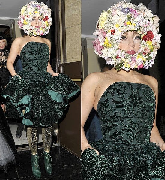Lady Gaga turns heads with her floral ensemble en route to the Philip Treacy show, London Fashion Week 2012