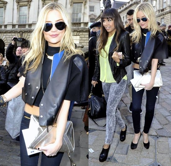The MTV Europe presenter Laura Whitmore brought her flat, golden clutch bag to Somerset House