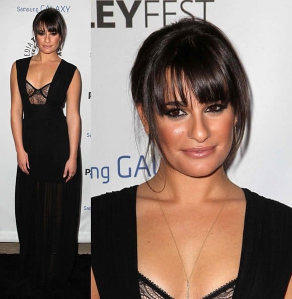 Lea Michele in a Vivienne Tam dress, Jenn Meyer jewelry, Elie Saab shoes, and a Kotur bag at the PaleyFest Icon Award