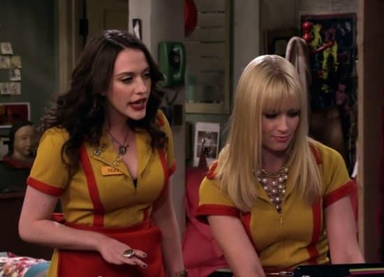 Kat Dennings as Maxine "Max" George Black and Beth Behrs as Caroline Wesbox Channing in the American television sitcom 2 Broke Girls