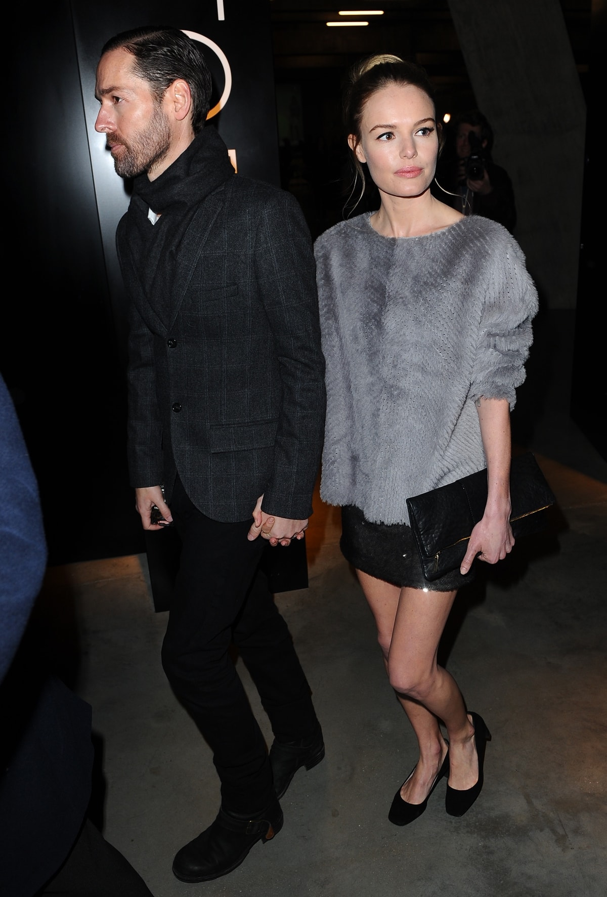 Kate Bosworth and Michael Polish arrive in style at the Topshop Unique show during London Fashion Week on February 17, 2013—Kate effortlessly pairs statement heels with a chic grayscale look