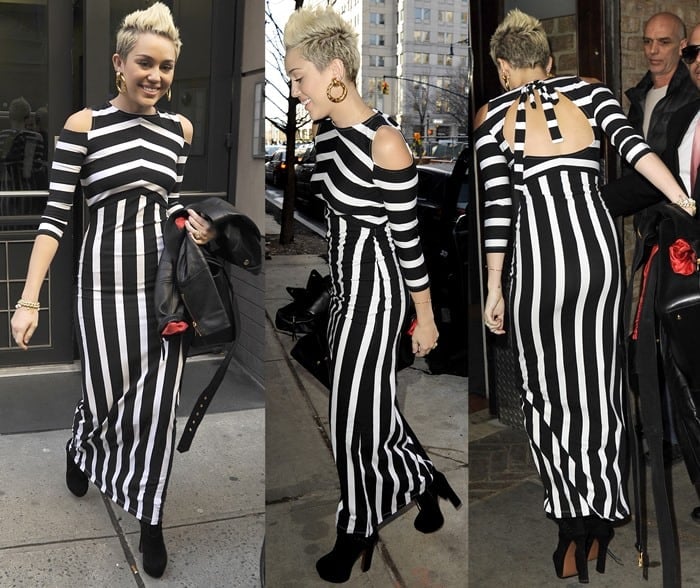 Miley Cyrus wearing a striped ASOS dress outside an office building in Manhattan