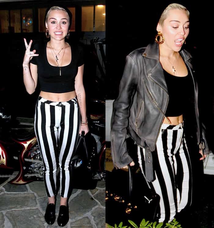 Complementing Miley Cyrus's outfit were the Motel Jordan Jeans, which added a bold and edgy element with their black and white striped pattern