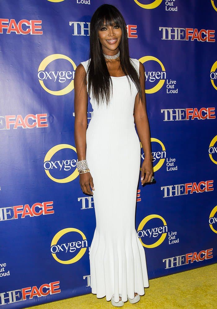 Naomi Campbell's impeccable style: A white Azzedine Alaia dress paired with signature platforms