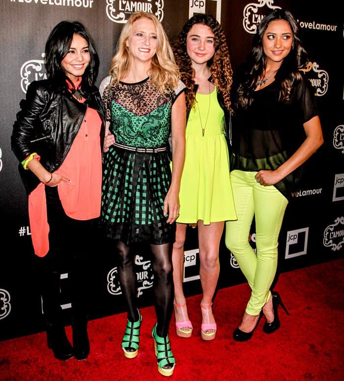 Nanette and Violet Lepore (center) with Vanessa Hudgens (far left) and Shay Mitchell (far right) at the L'Amour By Nanette Lepore For JCPenney Launch Party at Good Units at Hudson Hotel in New York City