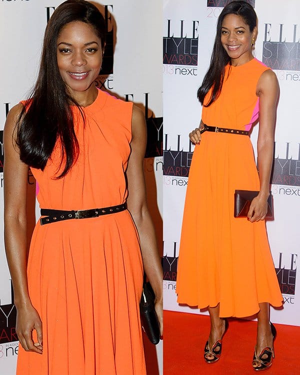 Naomie Harris stands out in a vibrant Roksanda Ilincic sleeveless maxi dress, smartly belted and paired with Nicholas Kirkwood heels, at the Elle Style Awards