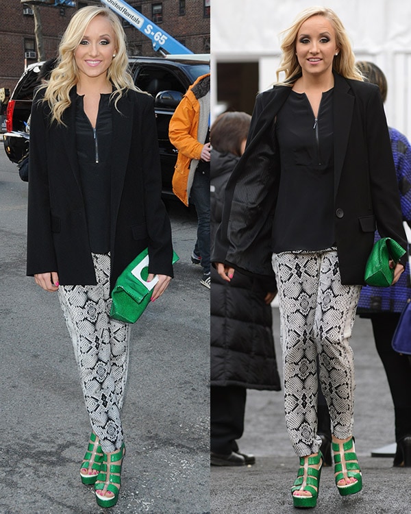 Nastia Liukin in a black blazer and python-printed pants