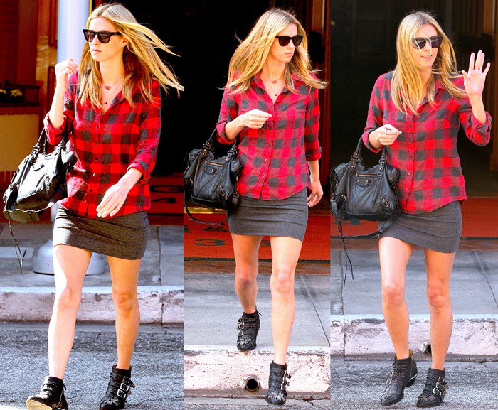 Nicky Hilton flaunts her incredible legs in a black-and-red buffalo plaid shirt