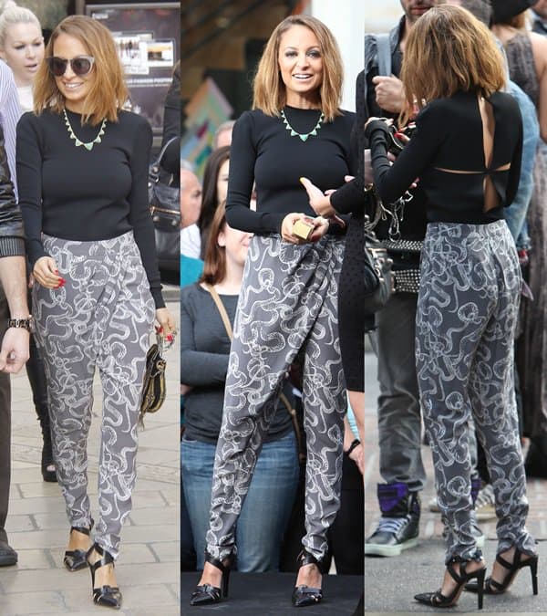 Nicole Richie wearing Winter Kate "Pandora" pants during her guest appearance on Extra
