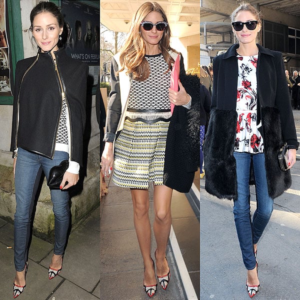 Olivia Palermo showcases her effortless style by pairing the Manolo Blahnik "Amiela" pumps with three distinct chic outfits during London Fashion Week