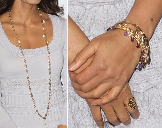 Padma Lakshmi shows off her necklace, bracelet, and ring