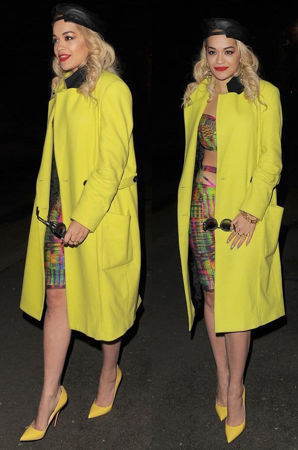 Rita Ora dazzles in a pastel yellow jacket over vibrant cut-out trousers