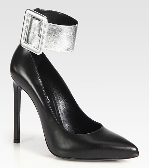 Saint Laurent "Paris" Metallic Silver Leather Ankle-Strap Pumps