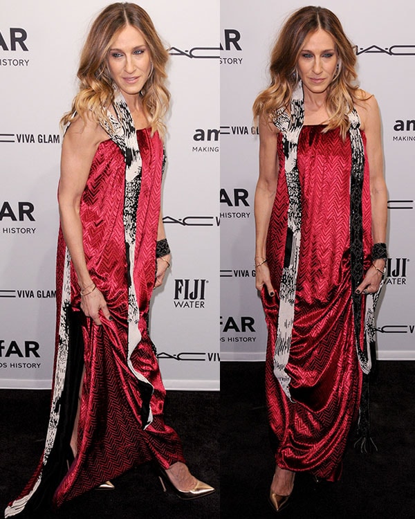 Sarah Jessica Parker channels avant-garde glamour in a Maison Martin Margiela couture gown paired with sleek Gianvito Rossi metallic pumps at the 2013 amfAR Gala in New York City