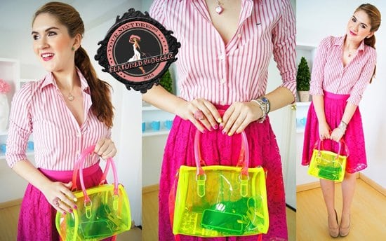 Marie McGrath does neon pink with a dainty lace skirt, a preppy striped top, and an electric yellow jelly bag