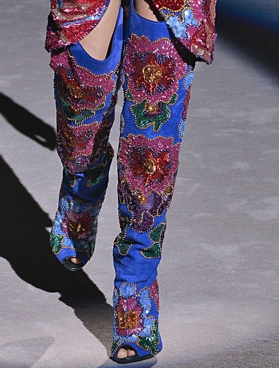 Model wearing Tom Ford blue-suede floral-embellished peep-toe boots
