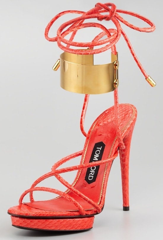 Tom Ford Brass Ankle-Wrap Snakeskin Platform Sandals