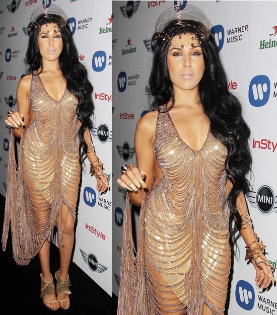 Z La La turns heads at the 2013 Grammy Afterparty in a dazzling gold chain dress paired with bold B Brian Atwood ‘Cassiane’ fringe sandals in Los Angeles