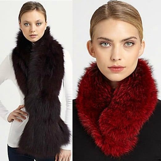 Adrienne Landau Silver Fox Fur Stole in Natural / Sherry Cassin Classic Fur Clip Collar in Red