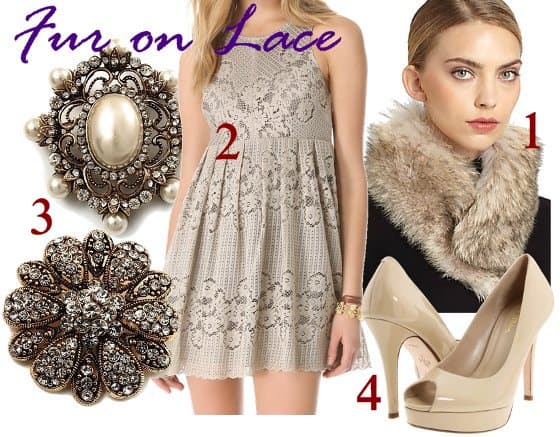 1. Sherry Cassin Classic Fur Clip Collar, $135 / 2. Free People Rocco Dress, $128 / 3. Avalaya Antique Gold Filigree Ivory Pearl Corsage Brooch, $39.60 and Avalaya Vintage Swarovski Crystal Floral Brooch, $26.10 / 4. Cole Haan Mariela Air OT Pumps, $328