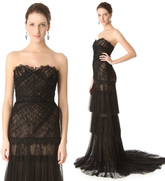 Marchesa Pleated Mesh Tulle and Lace Gown