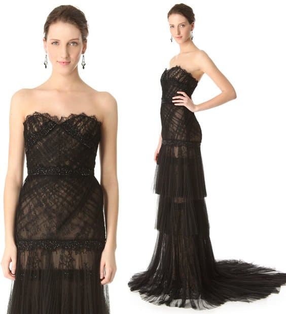 Marchesa Pleated Mesh Tulle and Lace Gown