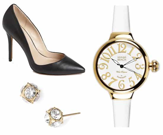 Elevate your style with these essentials: Charles David pumps, Glam Rock watch, and Kate Spade stud earrings