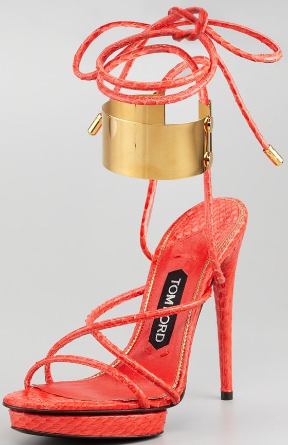 Tom Ford Brass Ankle-Wrap Snakeskin Platform Sandals