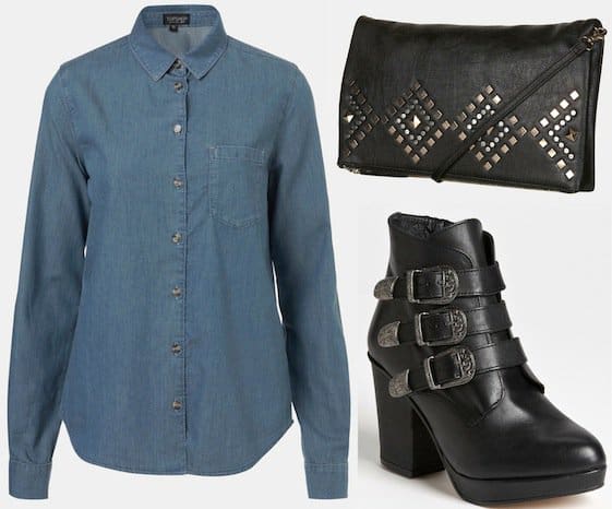 Topshop chambray shirt, studded clutch bag and ankle boots