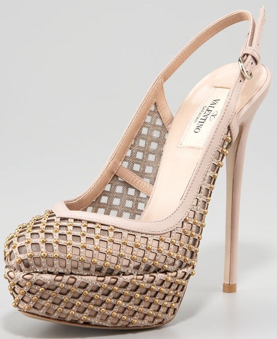 Valentino Studded Lattice Platform Slingback Pumps in Nude