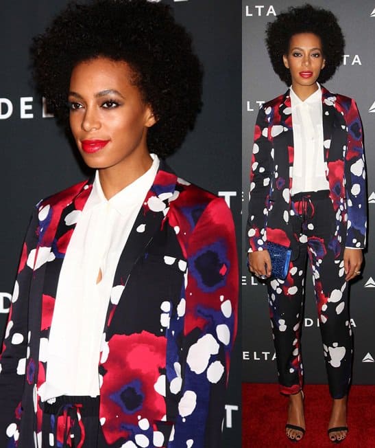 Solange Knowles elegantly dons a Diane von Furstenberg suit at the Delta Air Lines GRAMMY Celebration, showcasing her unique fashion flair, Los Angeles, February 7, 2013