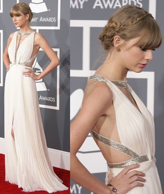 Taylor Swift, the epitome of grace, arrives at the 55th Annual GRAMMY Awards in a J. Mendel gown that whispers elegance