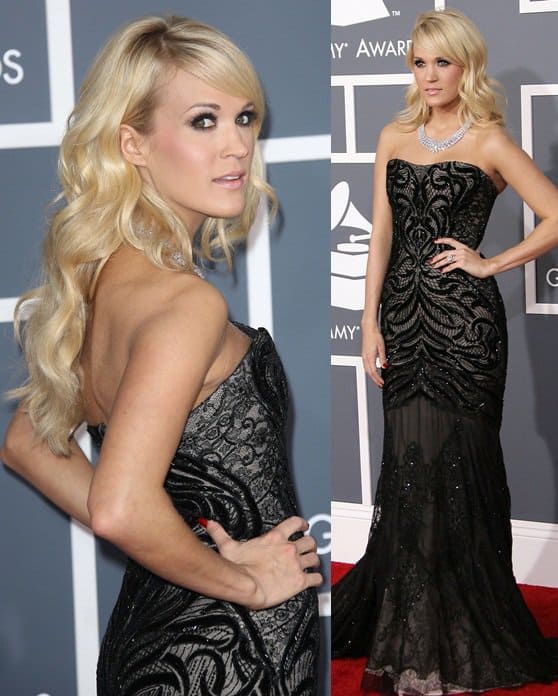 Carrie Underwood shines at the 55th Annual GRAMMY Awards, wearing a Roberto Cavalli gown that masterfully blends lace textures
