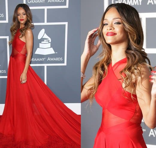 Rihanna exudes elegance at the 55th Annual GRAMMY Awards, dressed in a radiant red Azzedine Alaia gown, complemented by Manolo Blahnik sandals