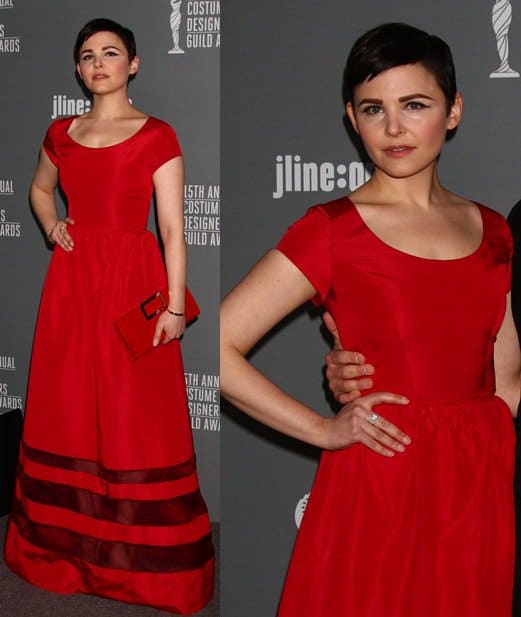 Ginnifer Goodwin stuns in a vibrant red Nonoo gown, embodying classic elegance at the Costume Designers Guild Awards