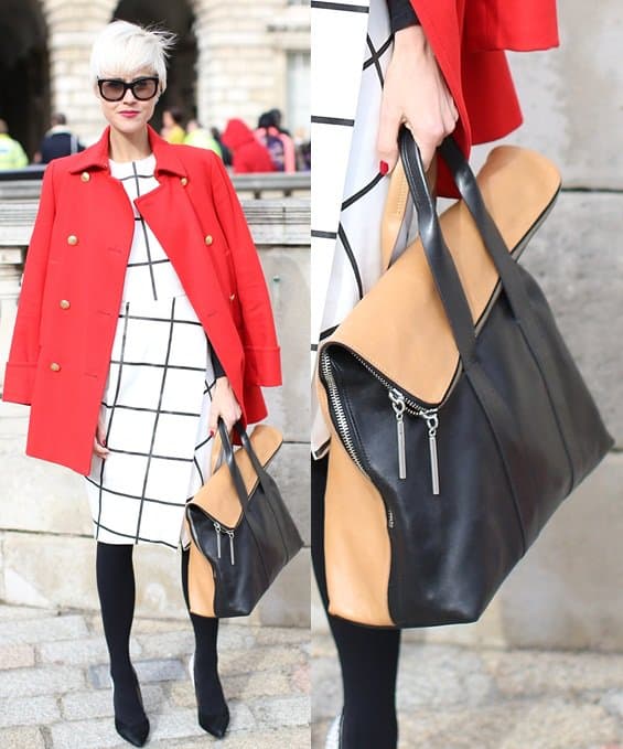Elevating a bold red coat and chic grid dress, this 3.1 Phillip Lim bag adds a sophisticated touch with its sleek colorblock design and structured elegance