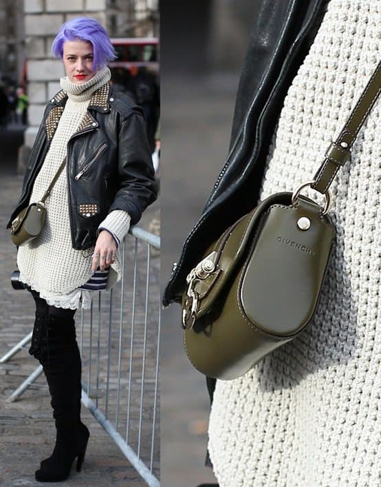 Elevating edgy street style, this olive Givenchy crossbody perfectly complements a textured knit sweater and studded leather jacket