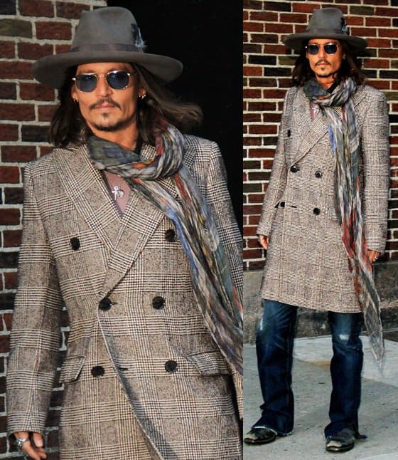Johnny Depp wears a scarf with an oversized tailored coat