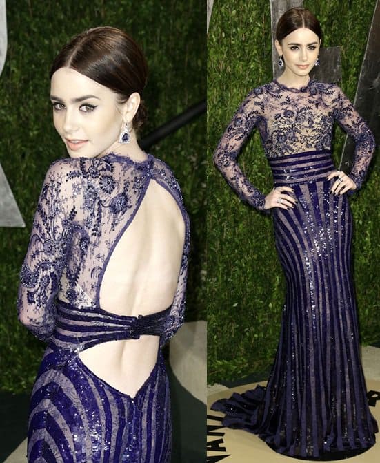 Lily Collins dazzles at the Vanity Fair Oscar Party 2013 in a striking purple Zuhair Murad gown