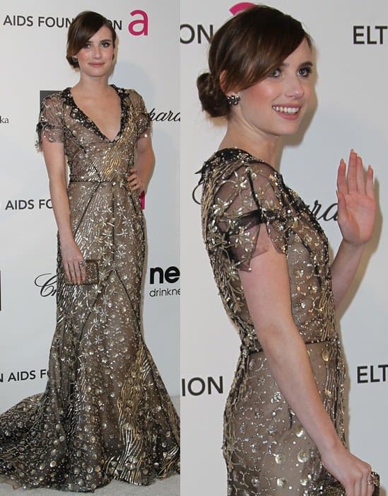 Emma Roberts embodies grace in a delicately beaded Oscar de la Renta gown at the Elton John AIDS Foundation's Oscar Party