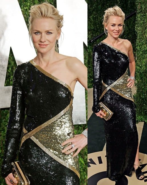 Naomi Watts mesmerizes in a sequined Emilio Pucci dress, effortlessly blending elegance and allure at the Vanity Fair Oscar Party