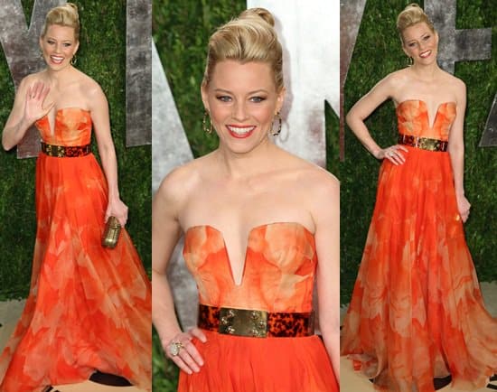 Elizabeth Banks brightens the night in a vibrant Alexander McQueen dress, complemented by a printed belt at the Vanity Fair Oscar Party
