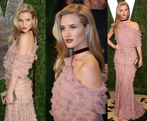 Rosie Huntington-Whiteley steals the spotlight in a delicately ruffled Valentino gown, embodying ethereal beauty at the 2013 Vanity Fair Oscar Party