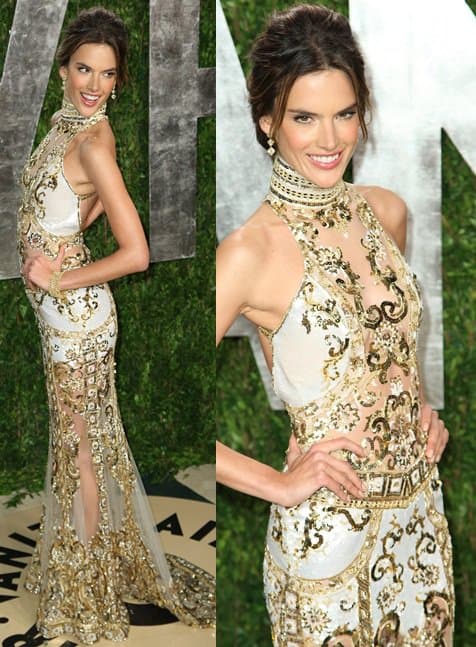 Alessandra Ambrosio shines in a Zuhair Murad masterpiece, blending gold embroidery with sheer elegance at the Vanity Fair Oscar Party